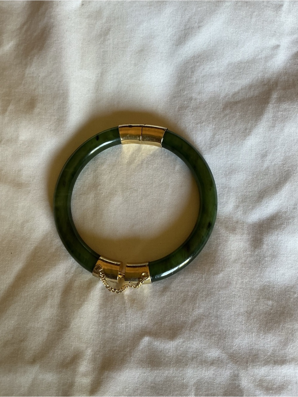 Nephrite Jade-Style Hinged Bangle Bracelet with Gold Tone Hardware